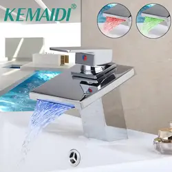 KEMAIDI Смесители для ванной светодио дный светодиодный свет полированный хром палуба крепление Водопад Ванная комната сосуд Раковина