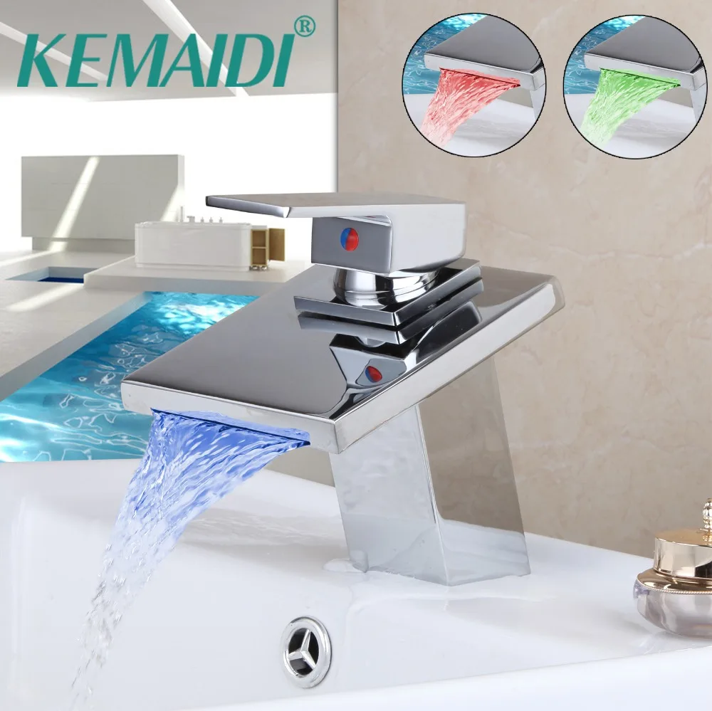 KEMAIDI Bathroom Faucets LEd Light Polished Chrome Deck Mount Waterfall