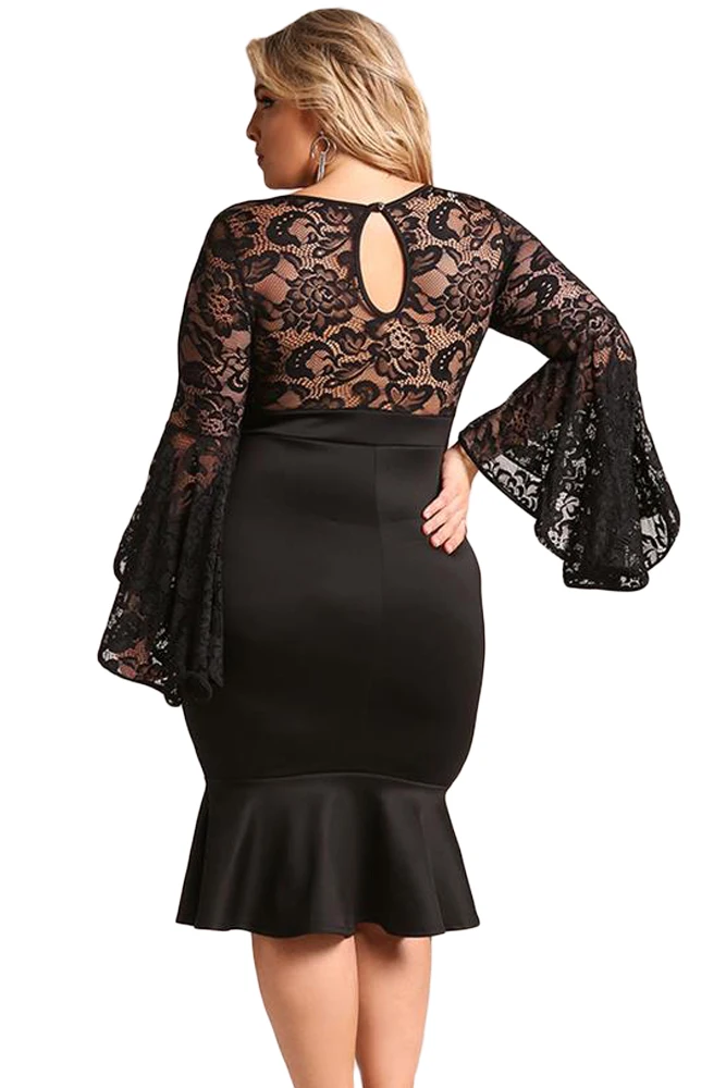 Black-Plus-Size-Lace-Bell-Sleeve-Mermaid-Bodycon-Dress-LC61875-2-3