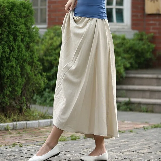 10 однотонных цветов, новые длинные юбки, женские богемные повседневные льняные юбки с эластичной резинкой на талии, большой маятник, трапециевидная хлопковая юбка - Цвет: Beige Skirt