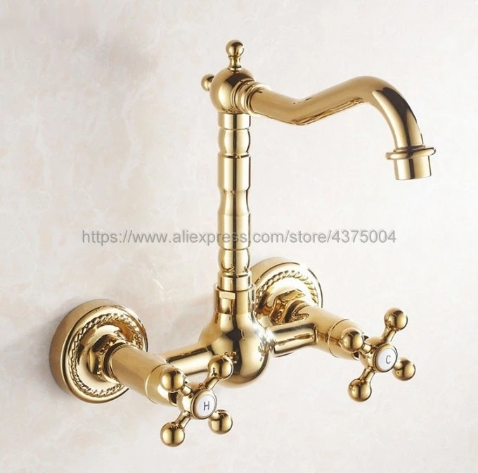 Luxury Gold Color Brass Wall Mounted Two Holes Bathroom Basin Faucet