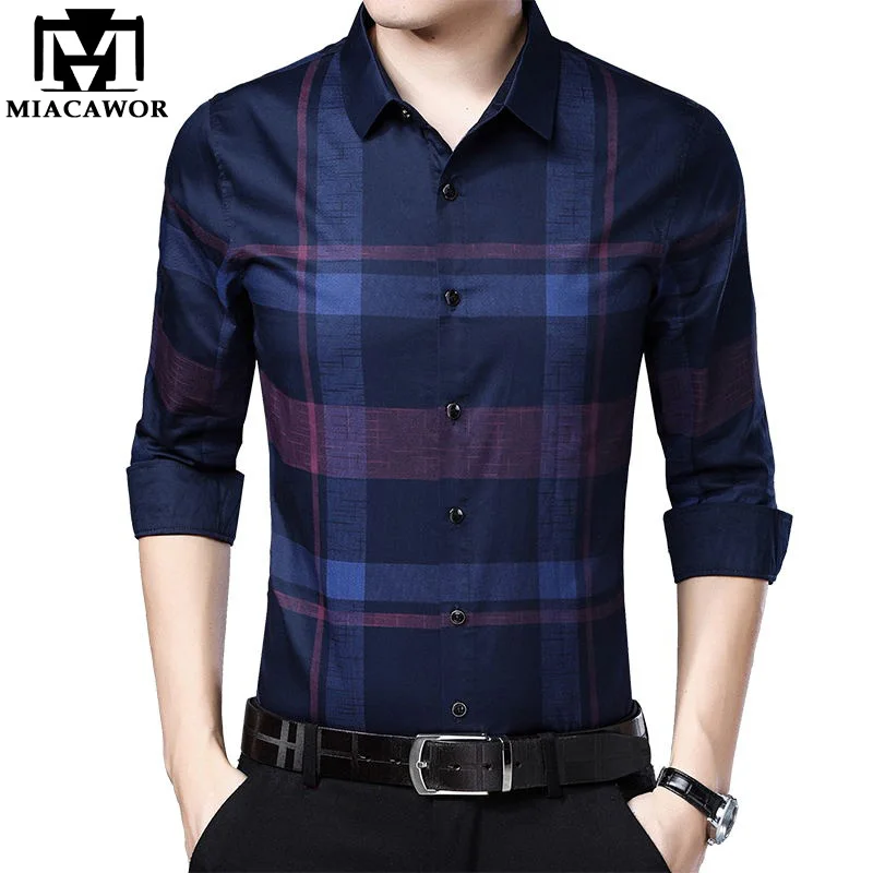 

MIACAWOR 2019 Spring Men Shirt Fashion Brand Plaid Shirt Slim Fit Cotton Full Sleeve Camisa Masculina Casual Men Shirt C415