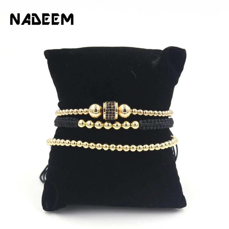 

New Fashion 3Pcs/Sets Micro Pave CZ Tube Charm Bracelets Sets Gold Copper Beads Women Braiding Macrame Bracelet Sets Men Jewelry