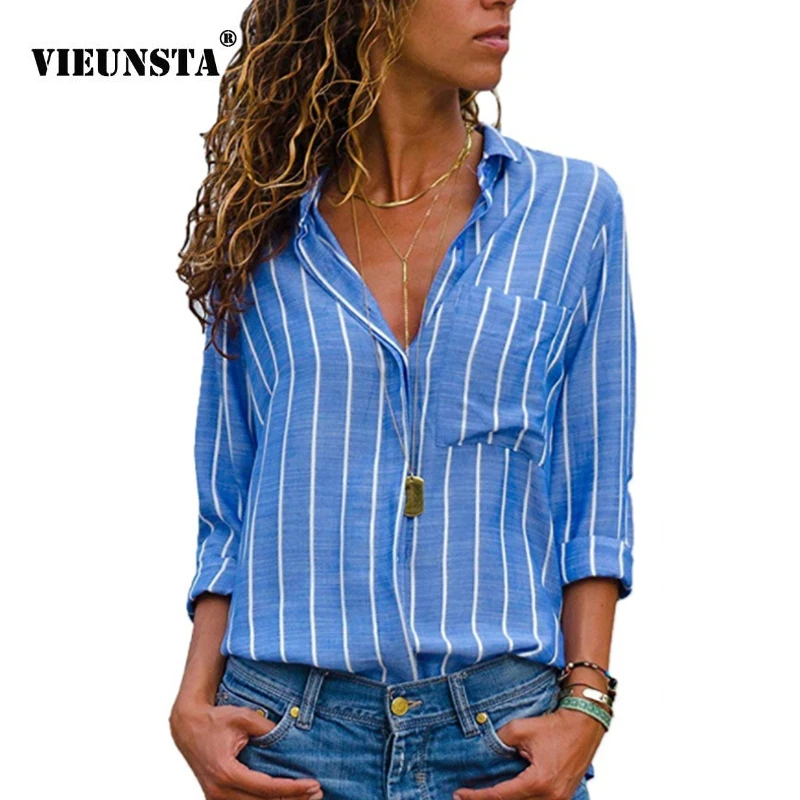 

VIEUNSTA 19 Colors Striped Print Colorful Women Blouses Autumn Button Turn-down Collar Office Tops Casual Long Sleeve Shirts 3XL