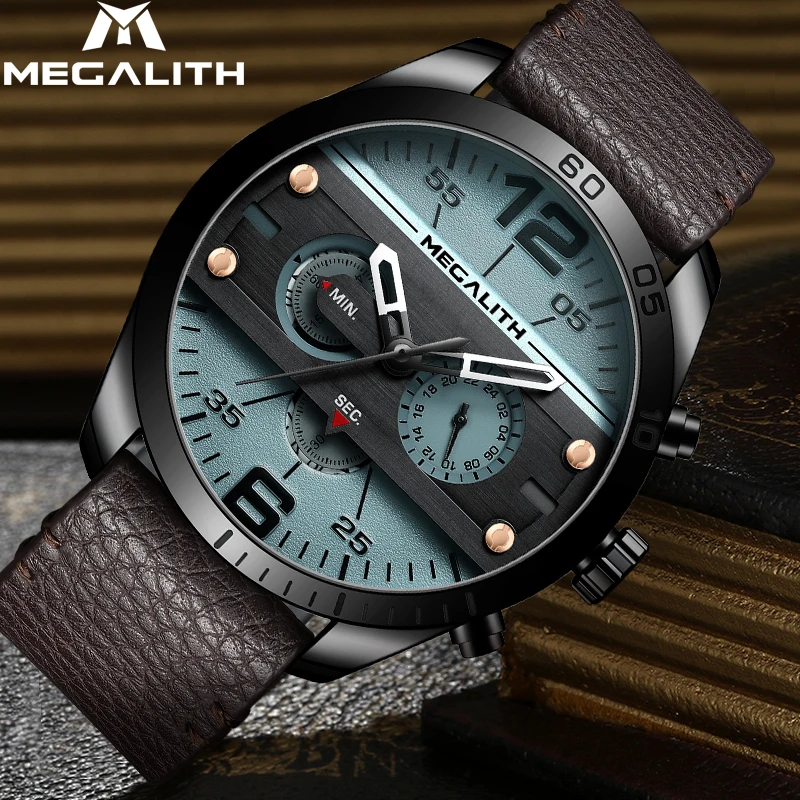 

MEGALITH Luxury Top Brand Mens Sport Quartz Watch Waterproof Multifunction Watches Genuine Leather Strap Men Wristwatch Clock