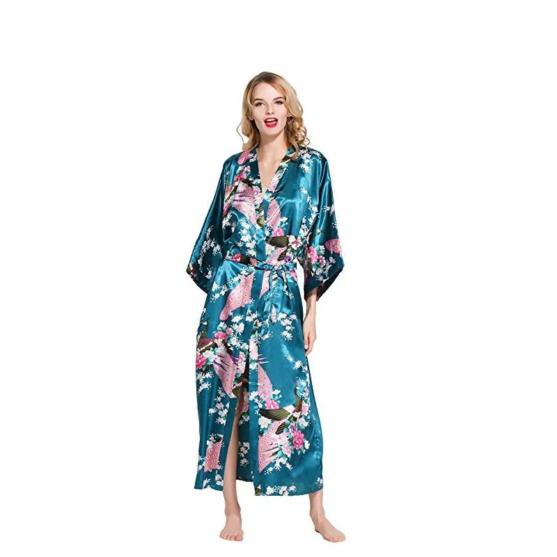 Green Sexy Chinese Women's Kimono Robe Long Robes With Peacock and Blossoms Printed Nightgowns