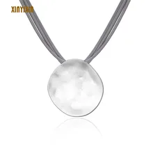 Большое Круглое Серебряное колье, женское простое черное кожаное многослойное ожерелье с подвеской, ожерелье, модное ювелирное изделие, подарок