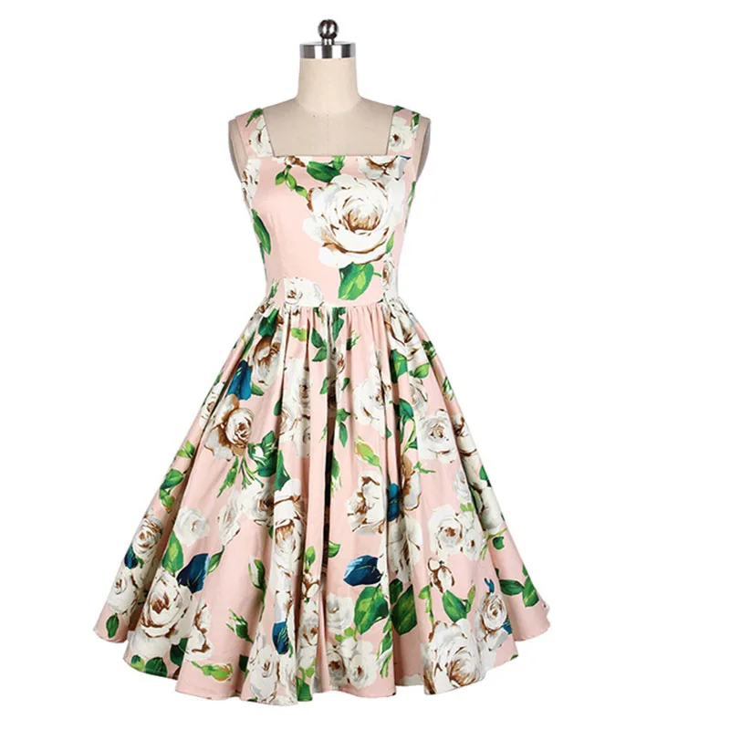 

Vintage 50 S 60 S Retro Party Dress Casual Evening Floral Printed Beach sleeveless Mid Long gowns Summer Dress Retro camellia