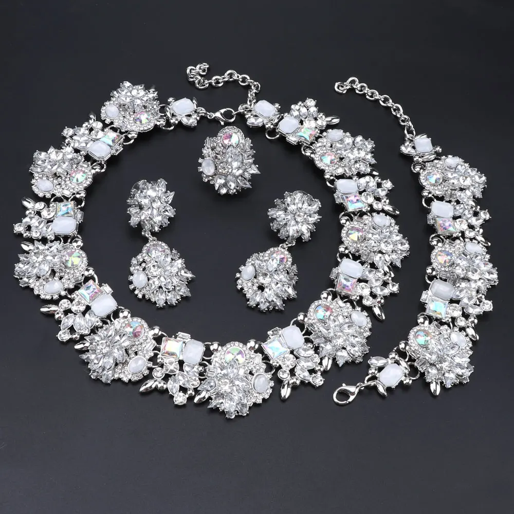 Роскошный кристалл массивное ожерелье серьги браслет кольцо набор AB Цвет Ювелирные наборы индийский свадебный костюм ювелирные изделия