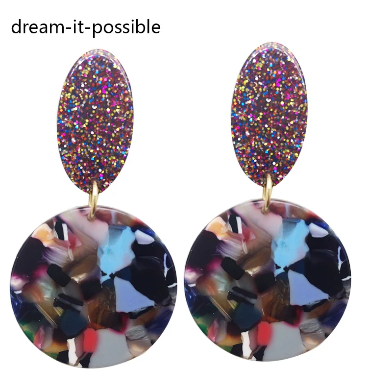 

Dream-it-possible elegant charm big korean druzy geometric unique moon wooden glitter fan resin acrylic earrings for women 2019