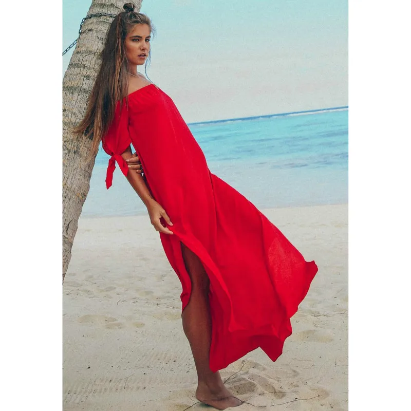 Cover up женские пляжные макси летнее пляжная одежда длинное платье с открытыми плечами пляжная Летняя женская накидка, платье; robe de - Цвет: Красный