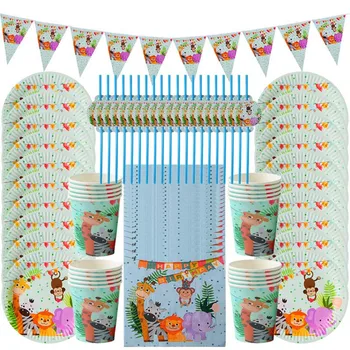 

81pcs Jungle Birthday Party Decoration Disposable Tableware Jungle Animal Paper Plates Napkins Baby Shower Supplies Safari Decor