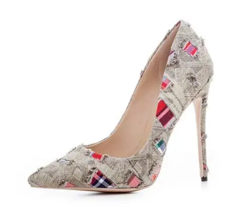 

Denim women shoes Fashion mixed-colors pointed toe high heel pumps Ladies super high thin heel shoes Dress shoes Party shoes
