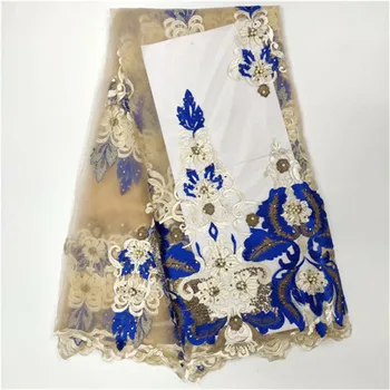

High Quality Embroidery African Lace Fabric Tulle Beaded Net French Lace Guipure Nigerian Lace Fabric Royal Blue Color