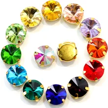 Verre Rivoli rond à coudre sur les vêtements, 5 tailles, 35 couleurs, strass avec griffe en or, pierres de cristal dans la griffe, dos plat, B1022