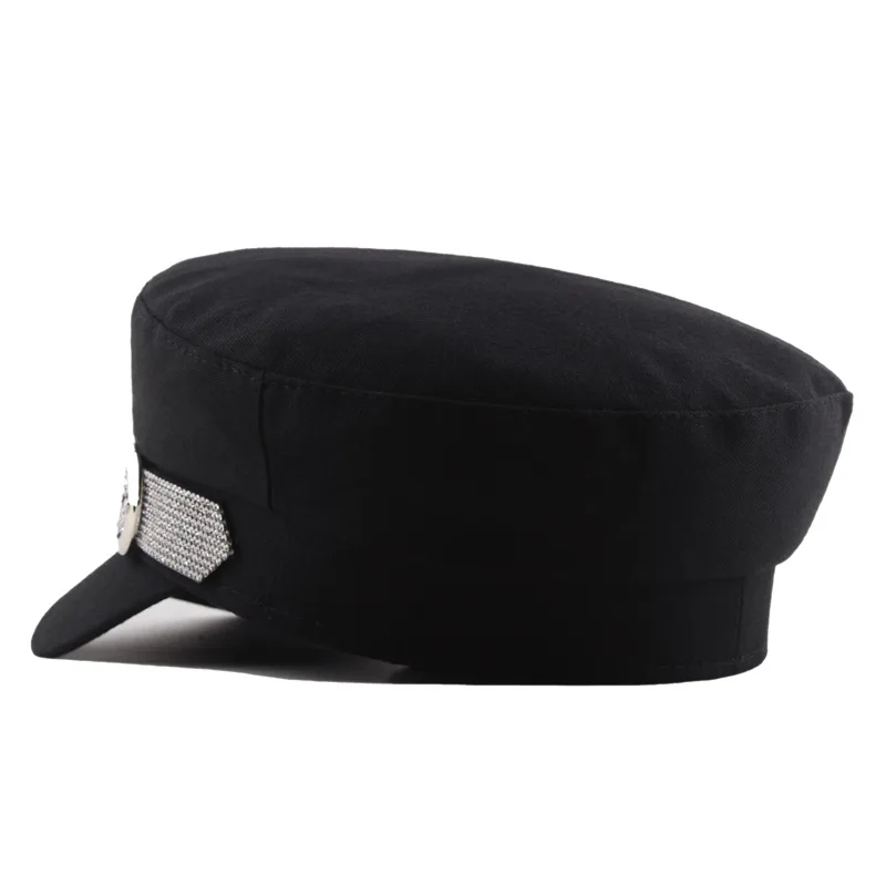 Women's Hat Flat Cap Military Cap Spring Autumn Super Flash Rhinestone Belt Buckle Flat Top Military Hats Fashion Berets Cap