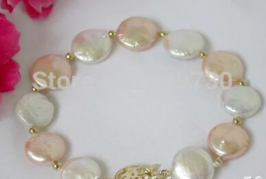 

00743 beautiful 8" Natural white pink coin pearl bracelet bangle Natural >>-hot