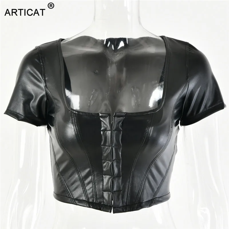 Articat Black PU leather Sexy Corset Crop Tops For Women Single Breasted Short Tank Top Summer Solid Casual Women Crop Top Tees