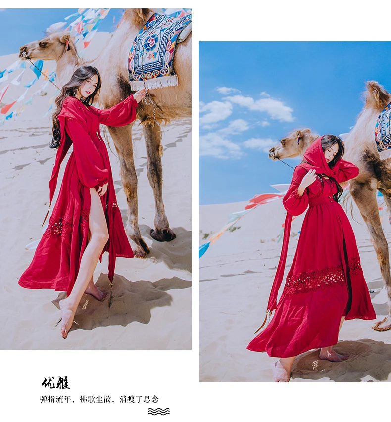 Новинка, модное женское винтажное красное платье, кружевное свободное платье средней длины с капюшоном и разрезом, высокое качество, женские платья