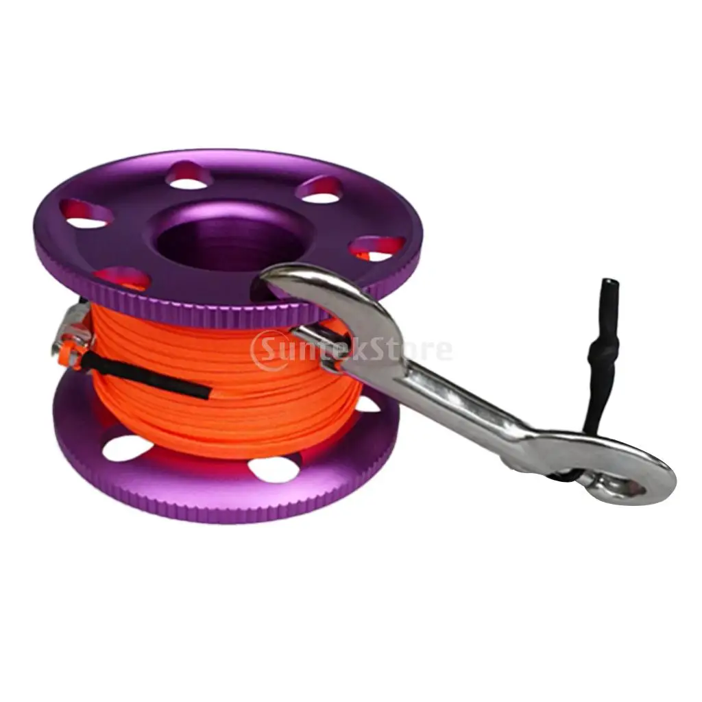 Scuba Diving Aluminium Finger Spool Reel 20/30/50M Line with Stainless Steel Snap Bolt Clip Black Blue Purple