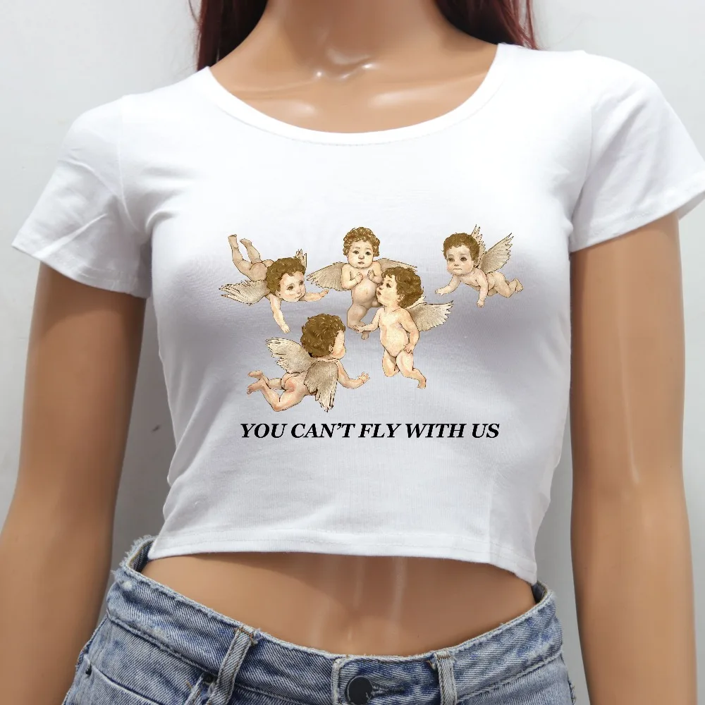 Tumblr Funny aesthetic Tops Sexy Women Basic Tees Angel Printed Harajuku Cropped Tops Fashion Slim Brand Fitting Short Tops