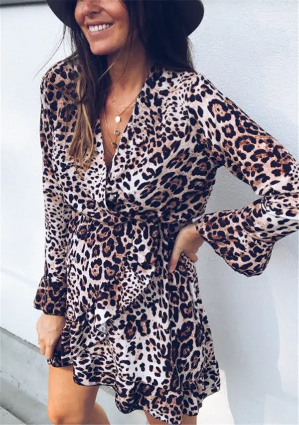 

2018 Warm Fall Women' Dress Long Sleeve Leopard Print Mini Dress Deep V Neck Sexy Female Loose Charming Mini Dress Vestido