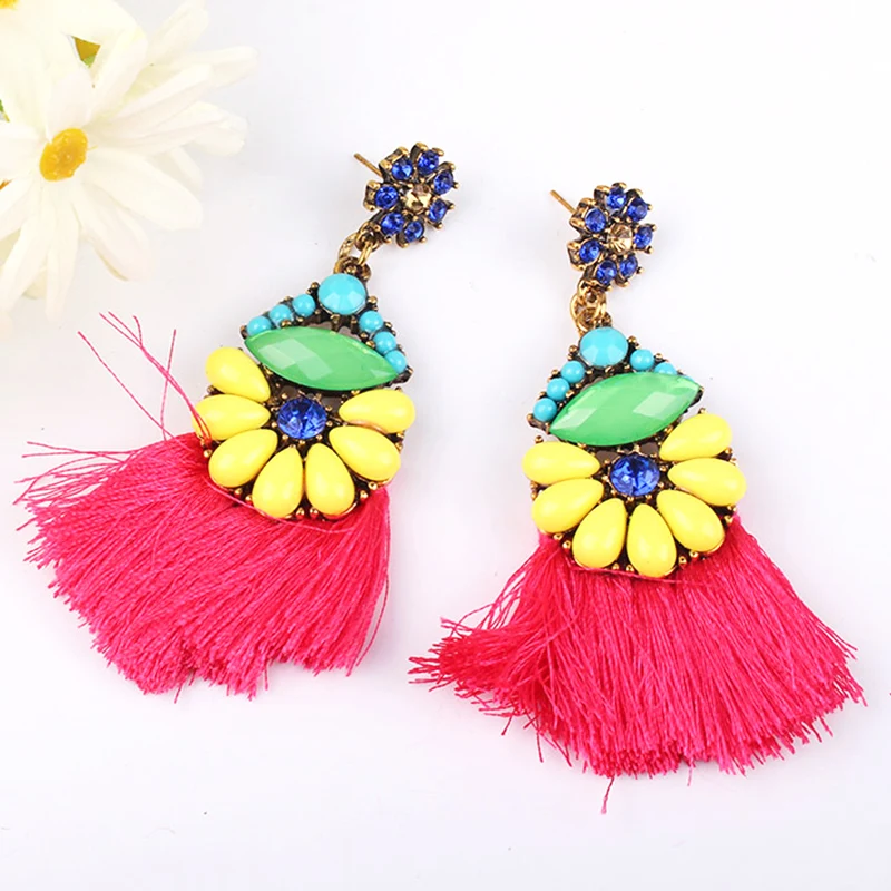 

Fashion 1Pair Flower Long Tassel Earrings Colorful Acrylic Alloy Crystal Wedding Red Drop Earring Simple Women Girls Jewelry