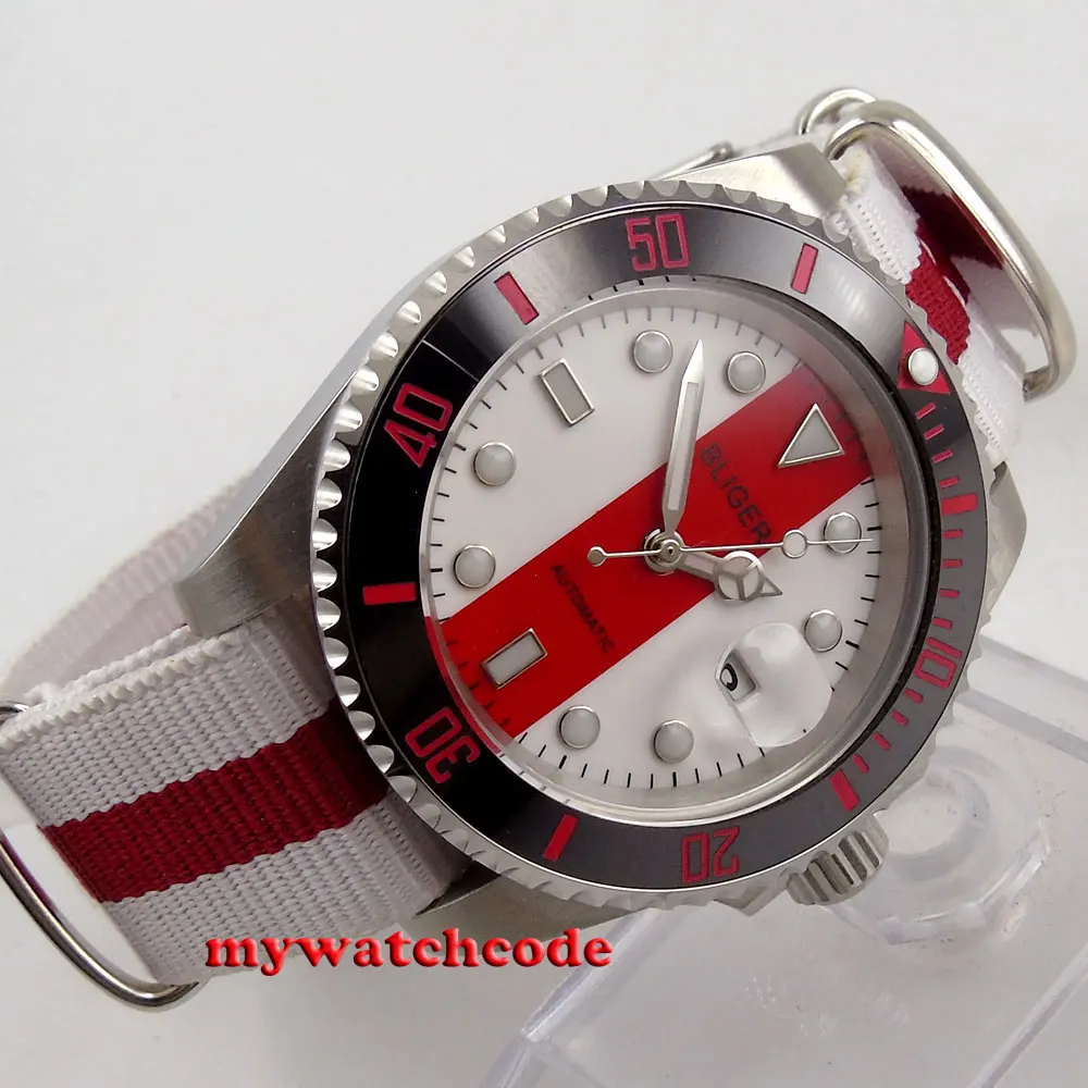 40mm bliger red & white dial sapphire crystal automatic movement mens watch P113 40mm bliger red & white dial sapphire crystal automatic movement mens watch P113
