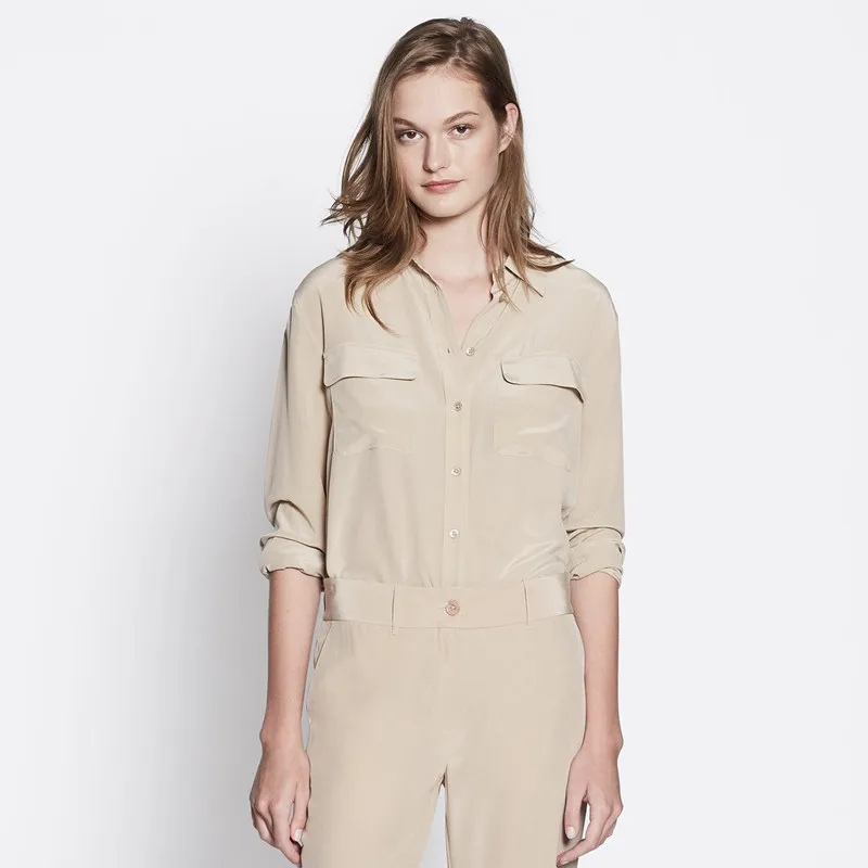 

100% Silk Women Long Sleeve Double Pockets Soft Blouse Top