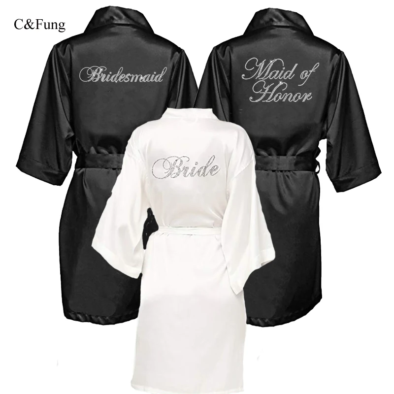 C& Fung черный свадебный халат для женщин атласное кимоно Стразы, короткие свадебные вечерние платья для подружек невесты