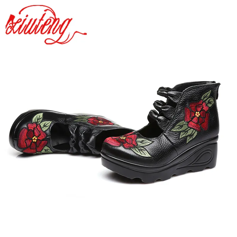 Cena Xiuteng 2018 kobiet kwiat andals buty nachylenie dorywczo skórzane buty moda haftowane panie Vintage wodoodporne buty platformy