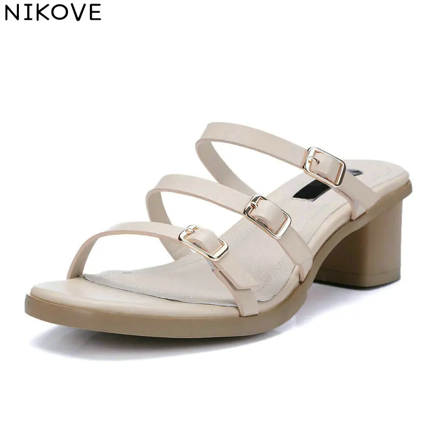 

NIKOVE 2018 Women Sandals Cow Leather PU Square High Heels Buckle Summer Slip on Style Sandals Elegant Shoes Women Size 34-39