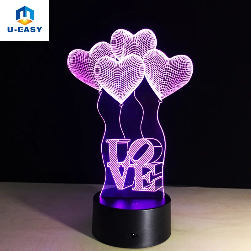

U-EASY 3D Visual Romantic Love Heart Night Light Creative Desk Lamp RGB Color-changing LED Lamp Touch Switch USB Charge Lights