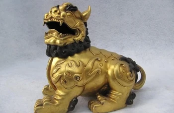 

100% Pure Bronze 24K Gold Gild Buddhism Foo Dog Lion incense burner statuary