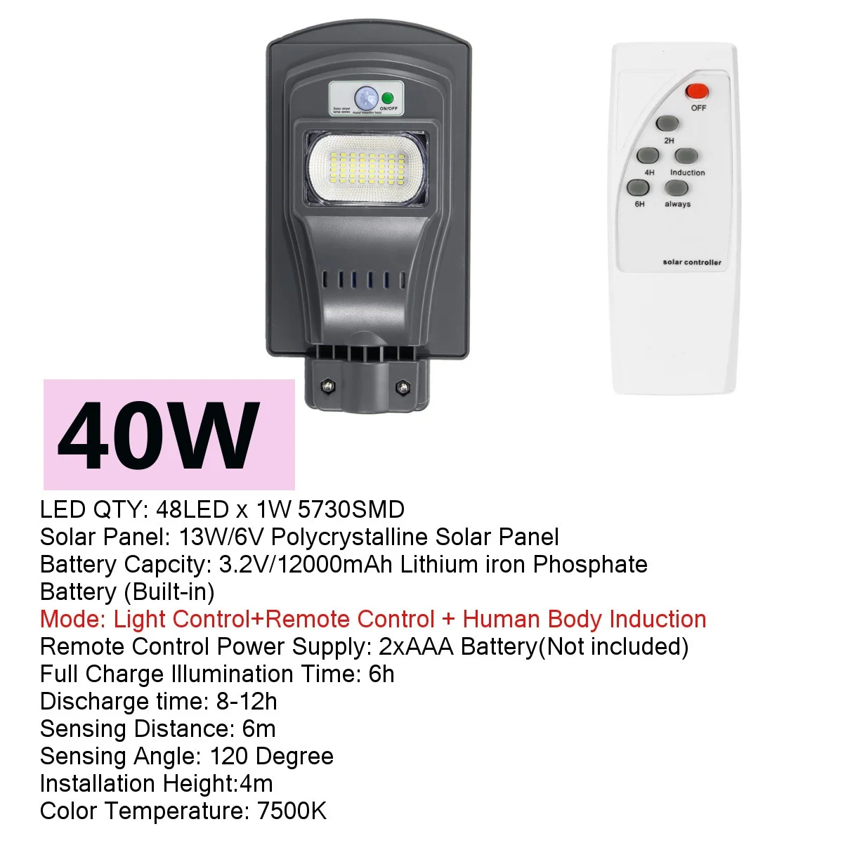 

LED Solar Lamp Wall Street Light 40W Dusk to Dawn Motion Sensor Waterproof Security Lamp for Garden Yard With Remote Control