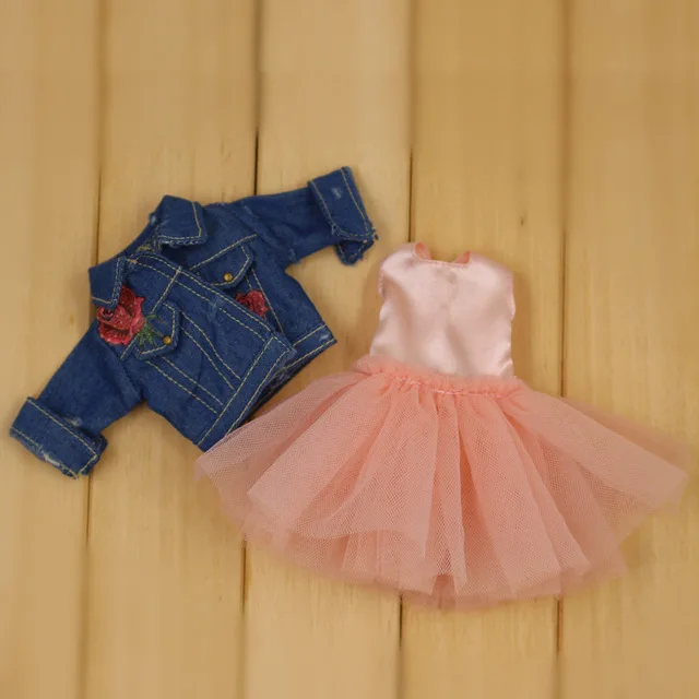 ICY DBS Blyth doll joint body clothes yellow pink Yarn skirt Gauzy Skirt with Denim jacket lady 8