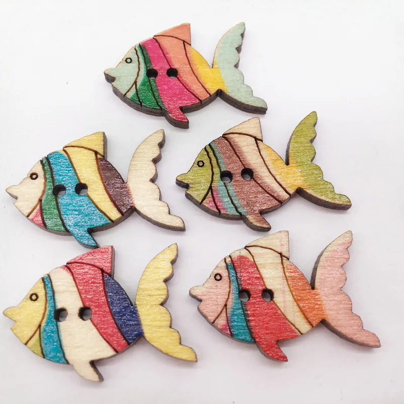

50pcs/lot Mixed Colors Fish Shape 2 Holes Wood Buttons Natural Wooden Buttons For Arts Decorations & Sewings DIY Accessories