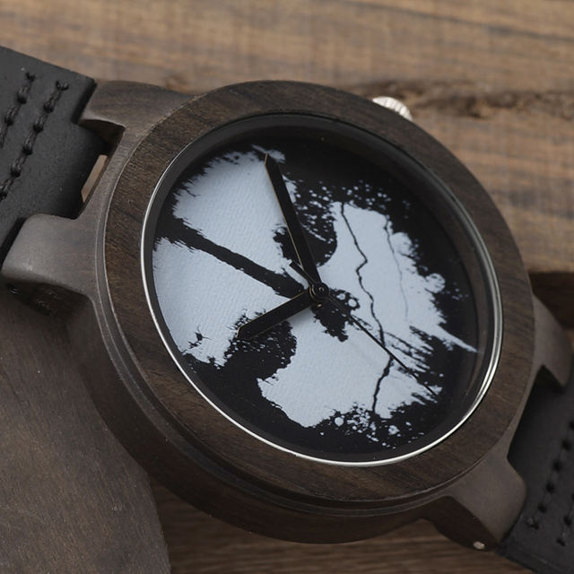 MYSTERIOUS SKULL WOOD LEATHER BAND WATCH
