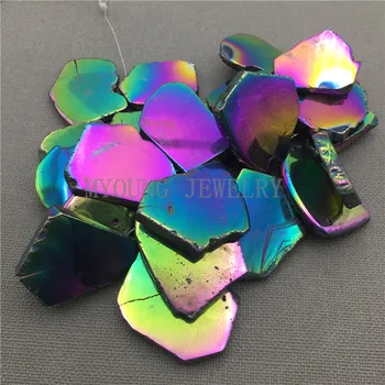 

MY0110 Freeform Rainbow Crystal Slice Titanium Quartz Pendant Beads, Flat Slap Quartz Stone Beads for Pendant Beads
