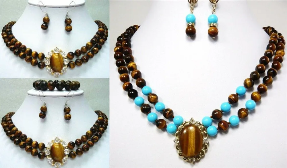 

ddh001362 3color-noblest 2 row tiger eye stone/turquoise necklace pendant earring/bracelet can choose