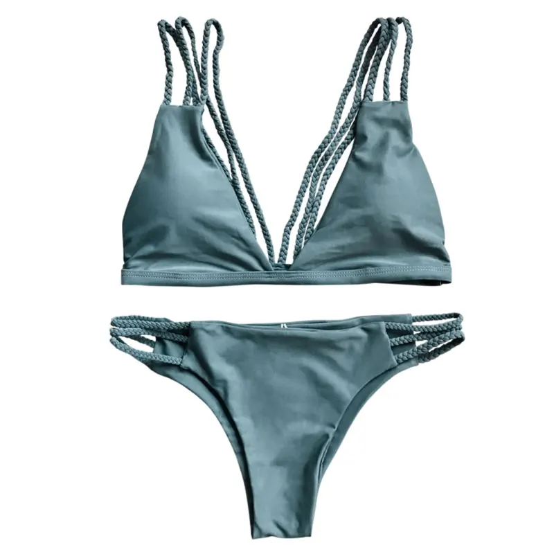 

2017 New Sexy Bikinis Women Solid Swimsuit High Waist Bathing Suits Swim Halter Push Up Bikini Set padded bra bralette Swimwear