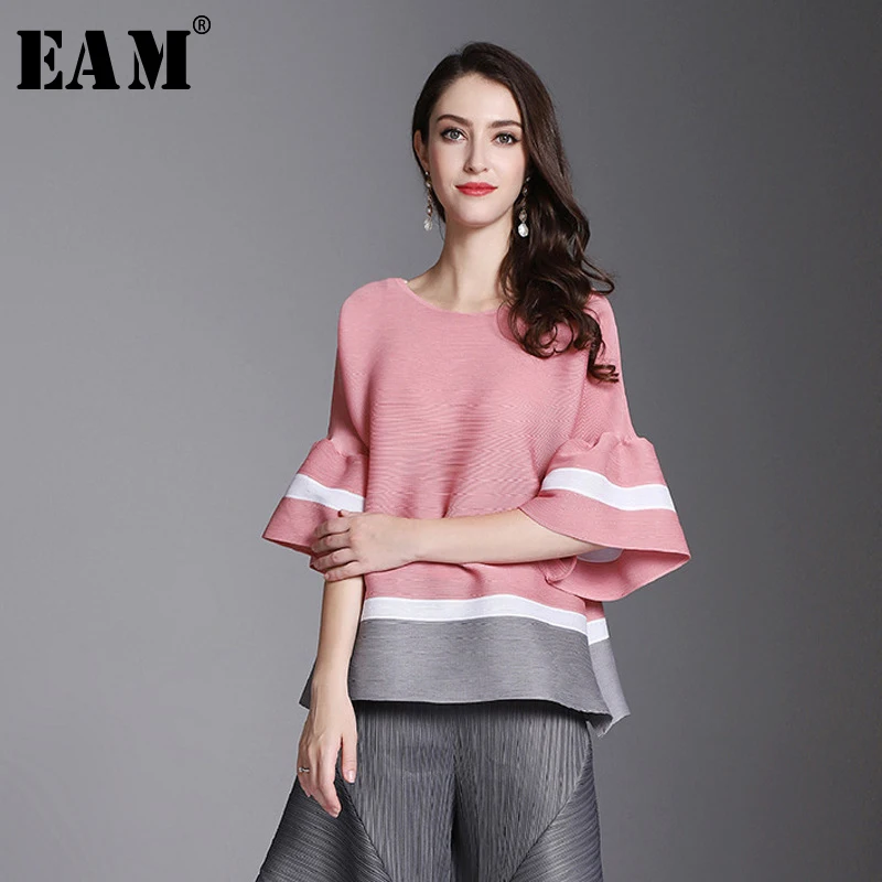 

[EAM] 2019 New Spring Summer Round Neck Three Quarter Sleeve Hit Color Pleated Split Joint Big Size T-shirt Women Fashion JW227