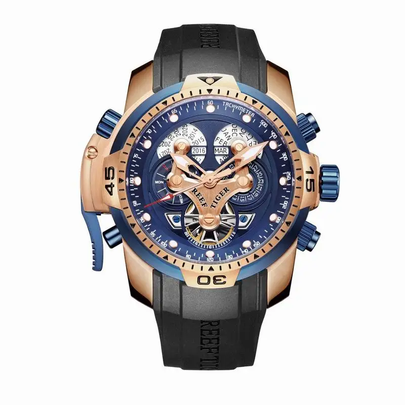 Риф Тигр/RT спортивные мужские часы со сложным большим циферблатом вечный календарь стальные механические часы синий резиновый ремешок RGA3503 - Цвет: RGA3503PLBG