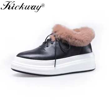 

Women Flats Shoes Leather 2018 Real Fur Loafers Genuine Cow Leather Mules Shoes Women Flat Lace Up Sneakers With Warm Real Fur