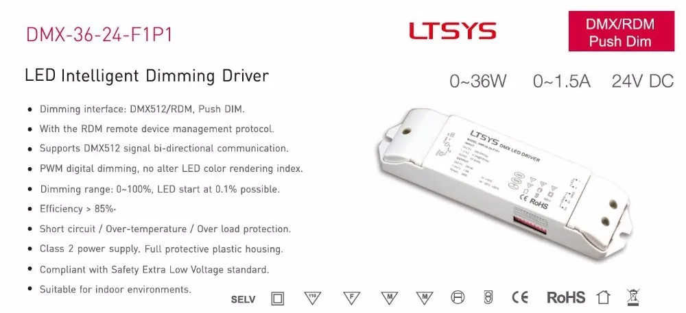 DMX-36-24-F1P1; 36 Вт DMX512/RDM светодиодный драйвер; AC100-240V вход; Макс 24 В/1.5A/36 Вт Выход