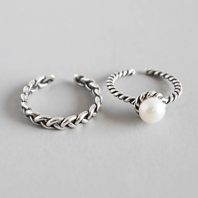 weave natural pearl free size ring 100% Sterling 925 silver Jewelry Vintage Adjustable rings for women girl gift