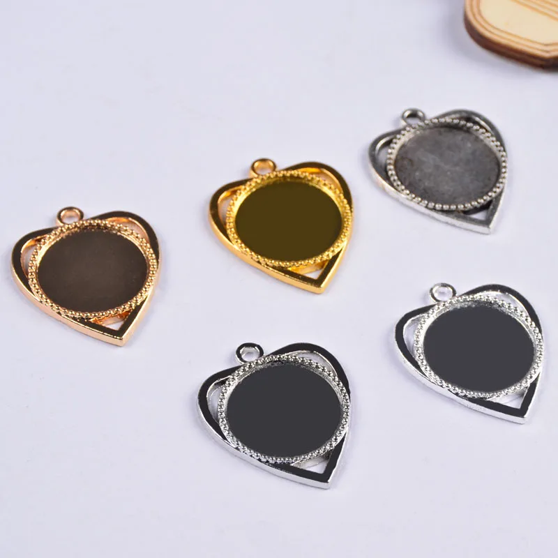 

50pcs 25*29.5MM gold silver heart Pendant Setting glass Cabochon Cameo Base Tray Bezel Blank Jewelry Making Findings