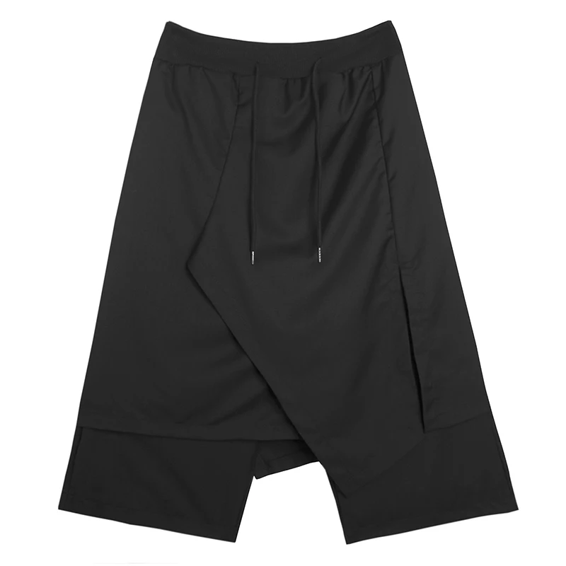 Мужской хип-хоп панк готический уличная гарем Trusers брюки-кимоно мужские поддельные 2 шт сплайсированные Свободные повседневные черные широкие брюки юбка брюки