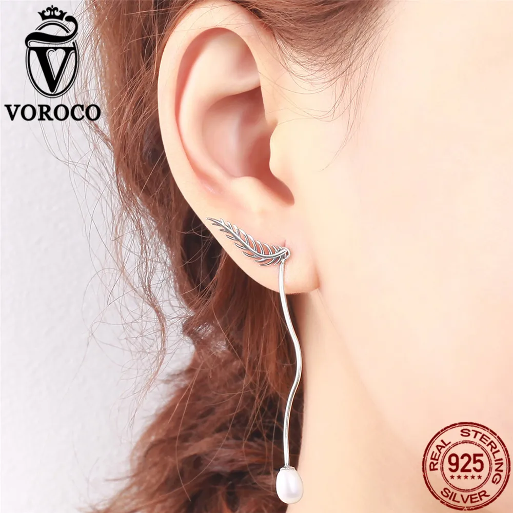Voroco 100% Pure 925 стерлингового серебра двойной пресноводного жемчуга листьев длинные