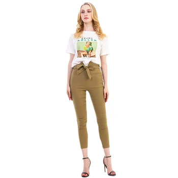 

2019 Spring Lace Up Waist Casual Women Pants Solid Pencil Pants Straight Slim Fit Trousers